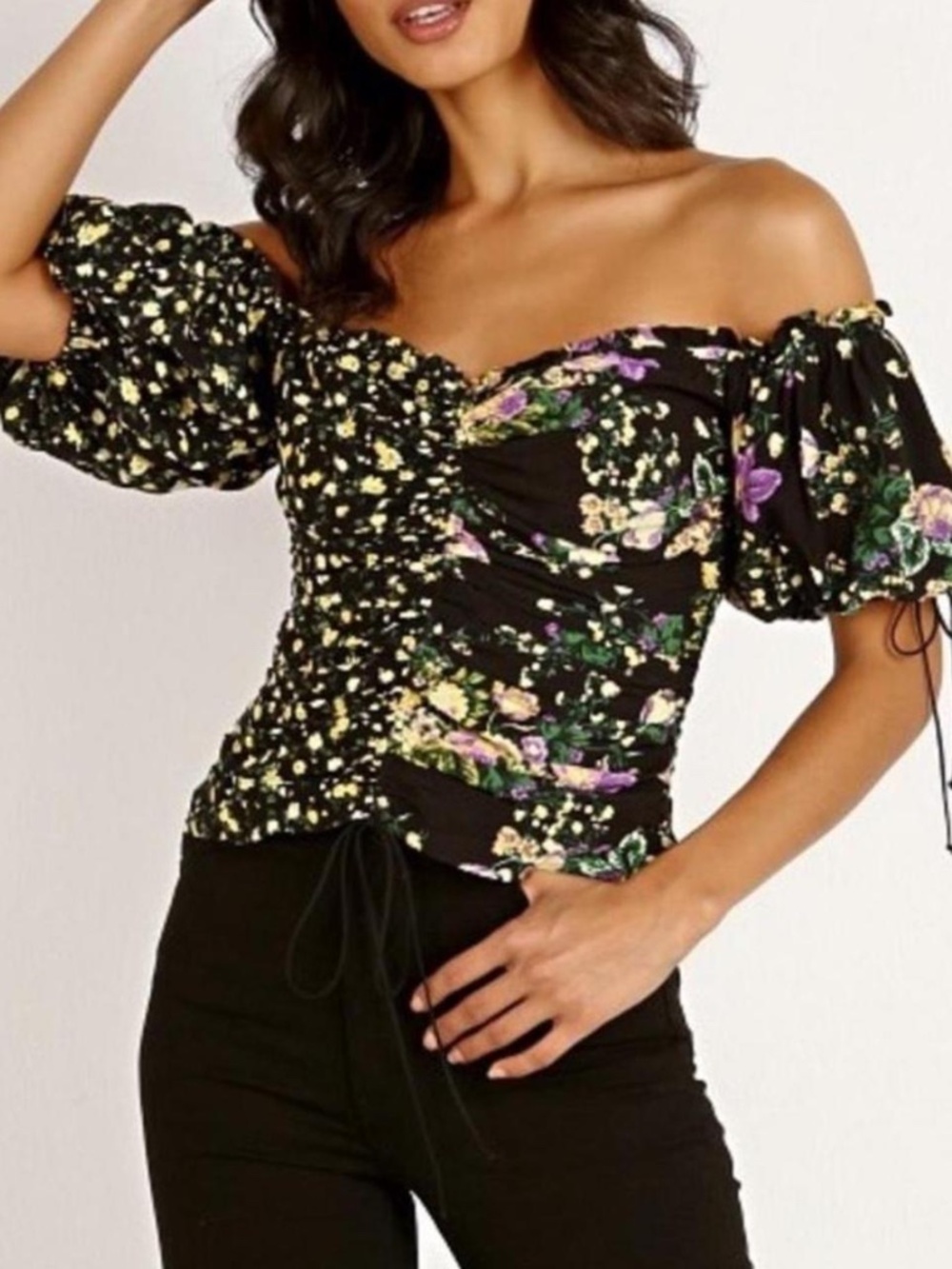 FOR LOVE & LEMONS Eileen Floral Off the Shoulder Top 2X Black October Fl…